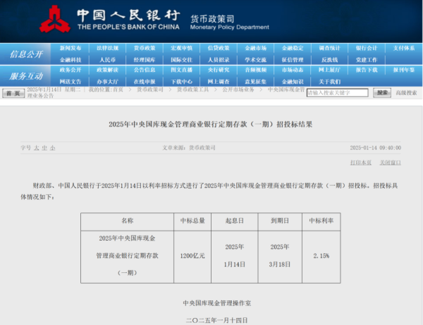 万隆优配 又“降息”！财政部、央行2个月期国库现金定存中标利率下降5个基点